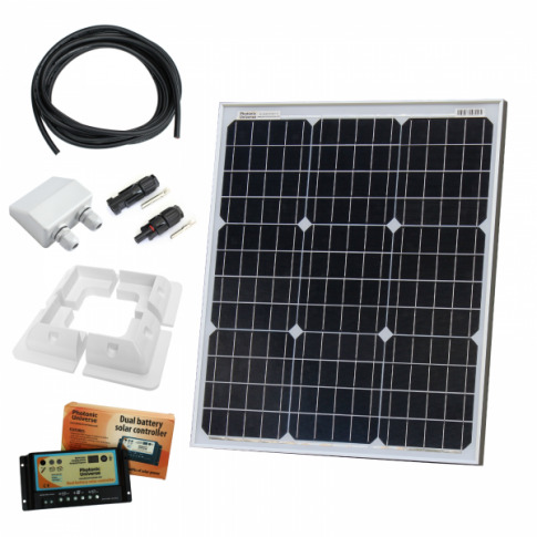 50W 12V dual battery solar charging kit with 10A controller, mounting brackets and cables