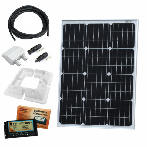 60W 12V dual battery solar charging kit with 10A controller, mounting brackets and cables