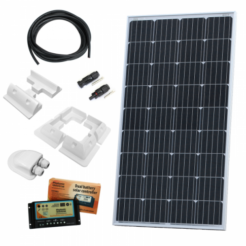 150W 12V dual battery solar charging kit with 10A controller, mounting brackets and cables