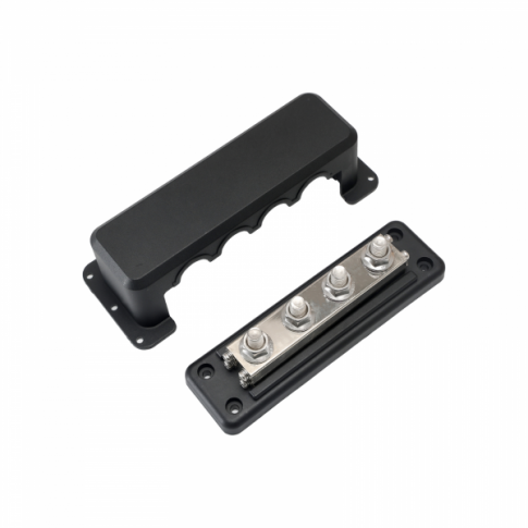 600A 12V/24V/48V black nickel plated busbar with 4 x M10 terminals and cover