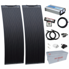 1.5kW complete dual battery van conversion kit with 2 x 150W black narrow semi-flexible solar panels, 200Ah 12V battery and 1500W 230V pure sine wave inverter